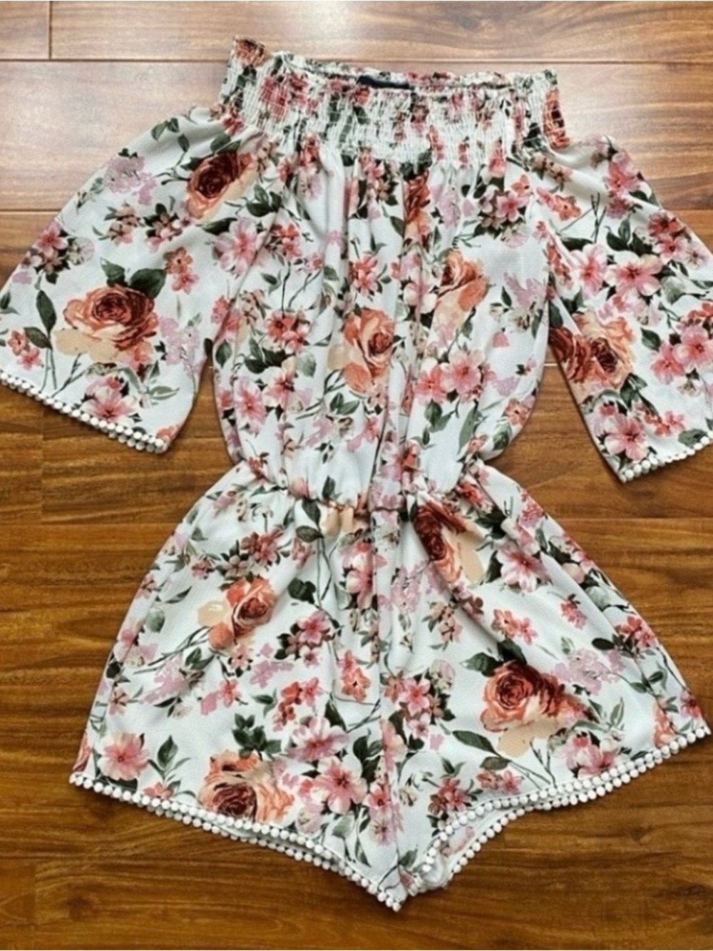 B. Darlin Juniors Cream Pink Floral Smock Off Shoulder Shorts Romper Boho Size S